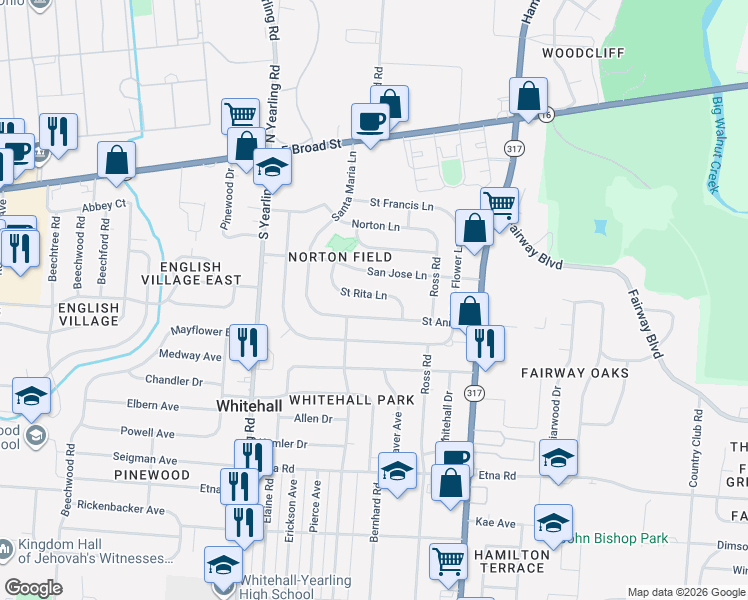 map of restaurants, bars, coffee shops, grocery stores, and more near 4542 Saint Rita Lane in Columbus
