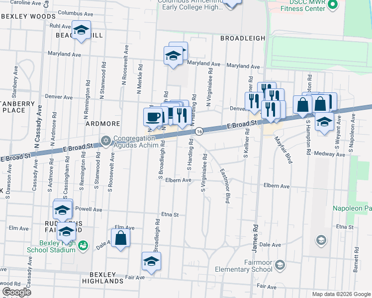 map of restaurants, bars, coffee shops, grocery stores, and more near 33 South Harding Road in Columbus