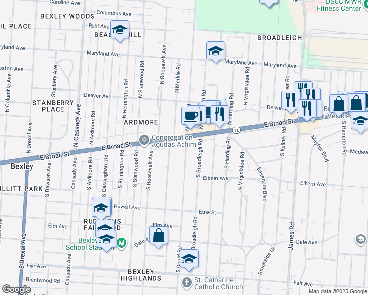 map of restaurants, bars, coffee shops, grocery stores, and more near 2929 East Broad Street in Columbus