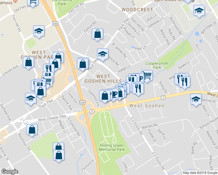 map of restaurants, bars, coffee shops, grocery stores, and more near 204 Long Lane in West Chester