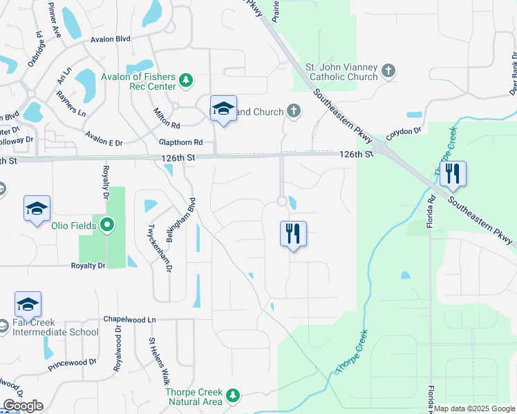 map of restaurants, bars, coffee shops, grocery stores, and more near 14725 Pleasant Crest Avenue in Fishers