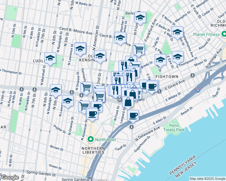 map of restaurants, bars, coffee shops, grocery stores, and more near 1246 North Howard Street in Philadelphia