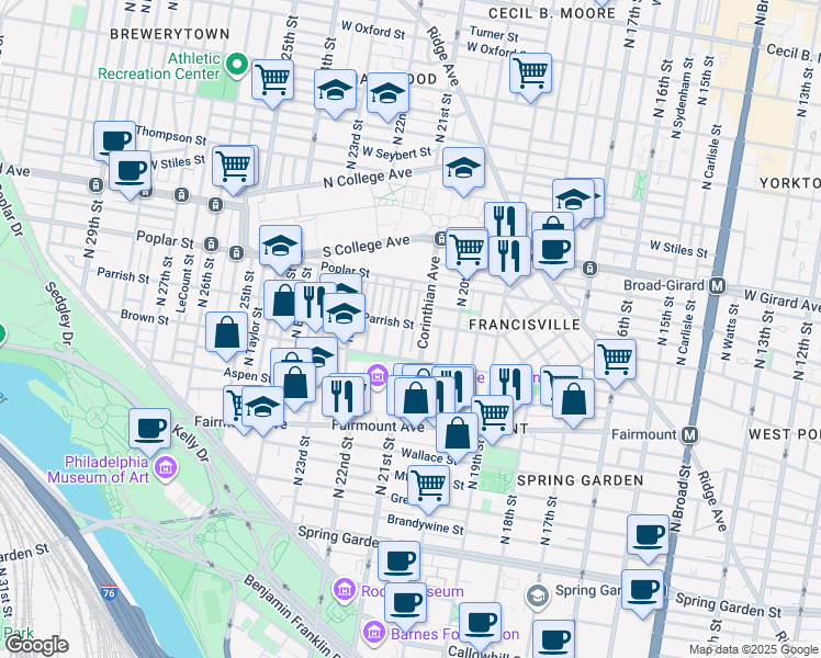 map of restaurants, bars, coffee shops, grocery stores, and more near 837 North Woodstock Street in Philadelphia