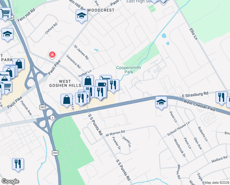 map of restaurants, bars, coffee shops, grocery stores, and more near 103 Spring Lane in West Chester