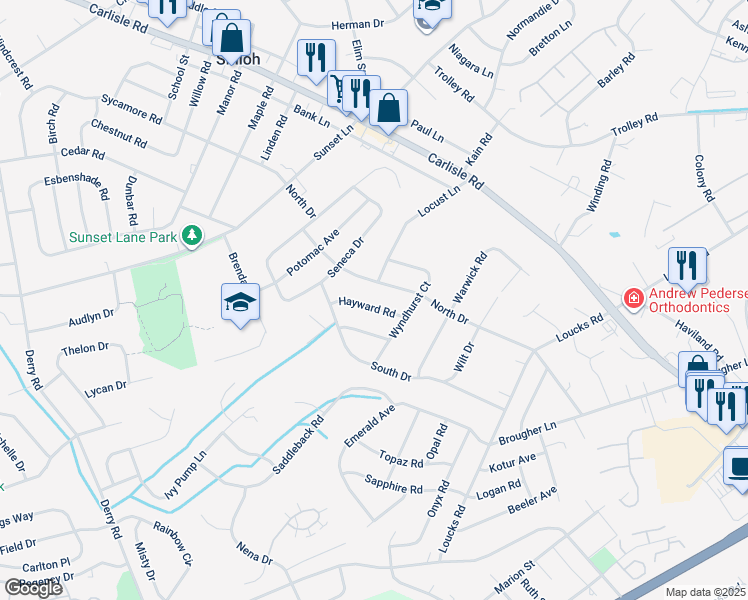 map of restaurants, bars, coffee shops, grocery stores, and more near 1841 Hayward Road in York