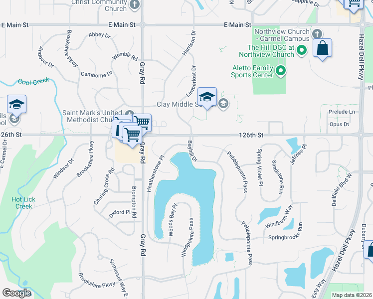 map of restaurants, bars, coffee shops, grocery stores, and more near 12540 Pebblepointe Pass in Carmel