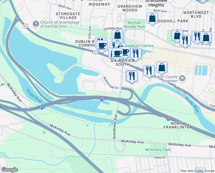 map of restaurants, bars, coffee shops, grocery stores, and more near 680 Woodduck Court in Columbus
