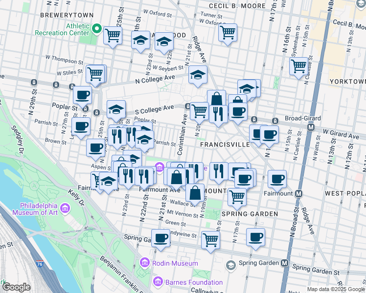 map of restaurants, bars, coffee shops, grocery stores, and more near 850 Corinthian Avenue in Philadelphia