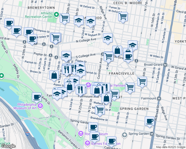 map of restaurants, bars, coffee shops, grocery stores, and more near 834 North Woodstock Street in Philadelphia