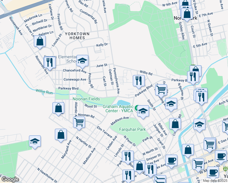 map of restaurants, bars, coffee shops, grocery stores, and more near 704 Priority Road in York