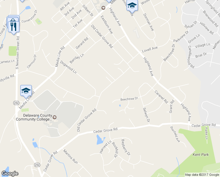 map of restaurants, bars, coffee shops, grocery stores, and more near 2715 Old Cedar Grove Road in Broomall