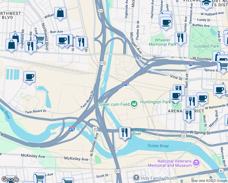 map of restaurants, bars, coffee shops, grocery stores, and more near Interstate 670 in Columbus