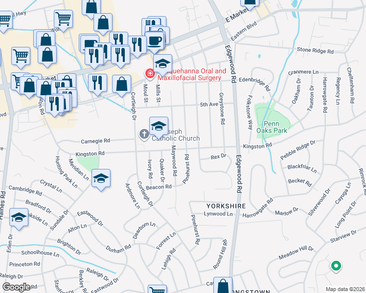 map of restaurants, bars, coffee shops, grocery stores, and more near 329 Maywood Road in East York