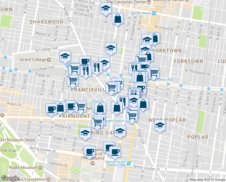 map of restaurants, bars, coffee shops, grocery stores, and more near 1617 Ogden Street in Philadelphia