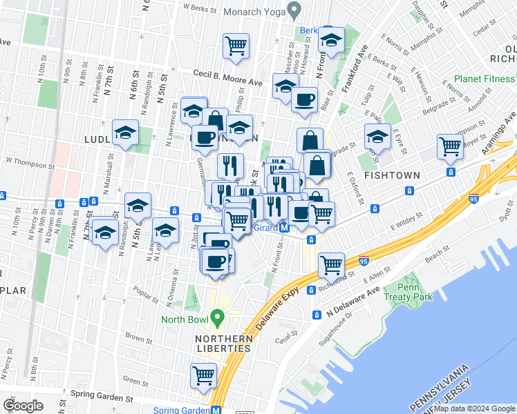 map of restaurants, bars, coffee shops, grocery stores, and more near 1238 North Mascher Street in Philadelphia
