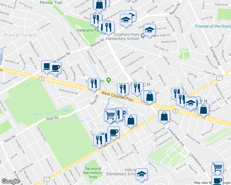 map of restaurants, bars, coffee shops, grocery stores, and more near 6 Vernon Road in Havertown