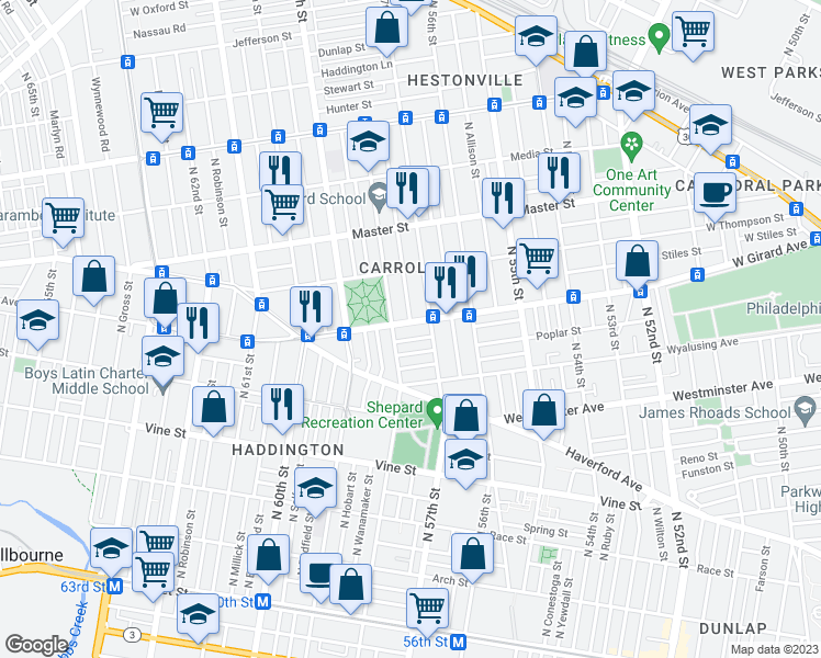 map of restaurants, bars, coffee shops, grocery stores, and more near 5726 West Girard Avenue in Philadelphia