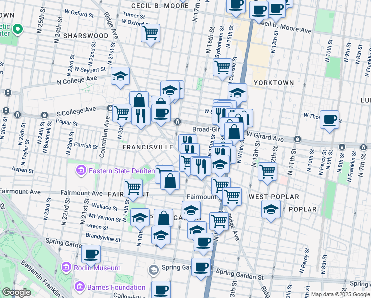 map of restaurants, bars, coffee shops, grocery stores, and more near 1617 Ogden Street in Philadelphia