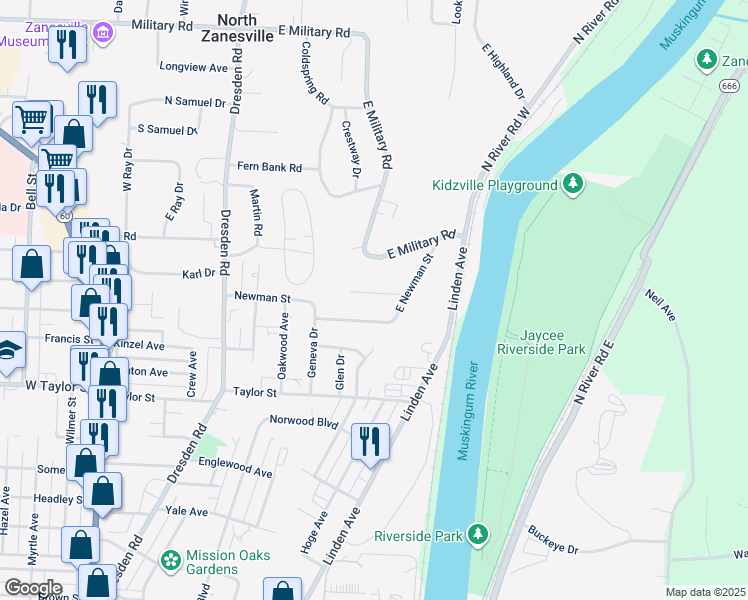 map of restaurants, bars, coffee shops, grocery stores, and more near 150 Treehouse Lane in Zanesville