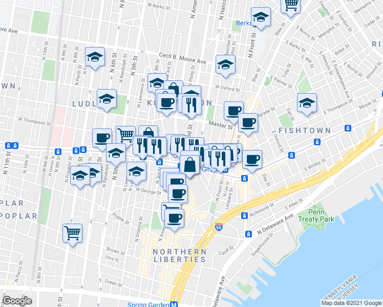 map of restaurants, bars, coffee shops, grocery stores, and more near 1228 North Palethorp Street in Philadelphia