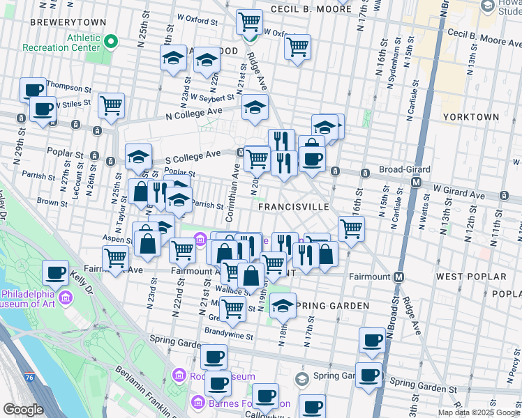 map of restaurants, bars, coffee shops, grocery stores, and more near 1929 Parrish Street in Philadelphia