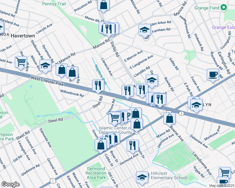 map of restaurants, bars, coffee shops, grocery stores, and more near 359 West Chester Pike in Havertown