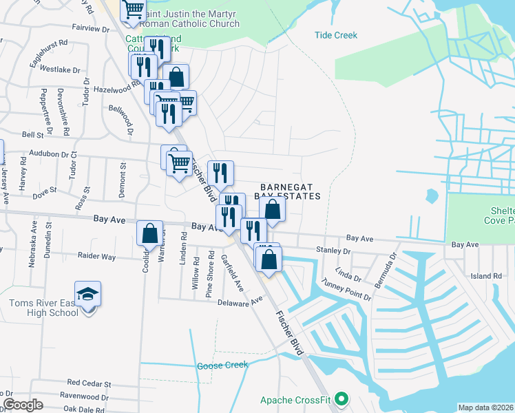 map of restaurants, bars, coffee shops, grocery stores, and more near 1229 Condor Street in Toms River