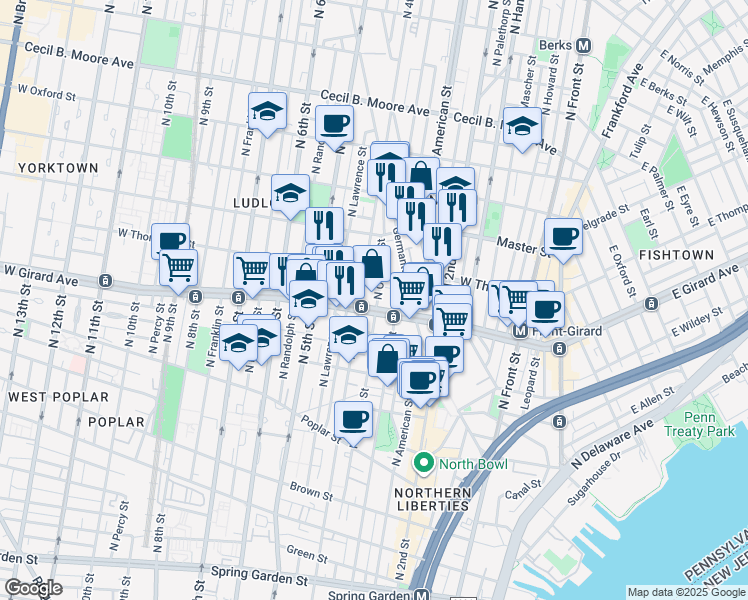 map of restaurants, bars, coffee shops, grocery stores, and more near 1214 North Orianna Street in Philadelphia