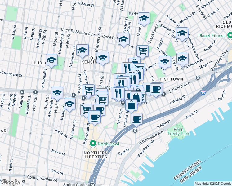 map of restaurants, bars, coffee shops, grocery stores, and more near 1248 North Howard Street in Philadelphia