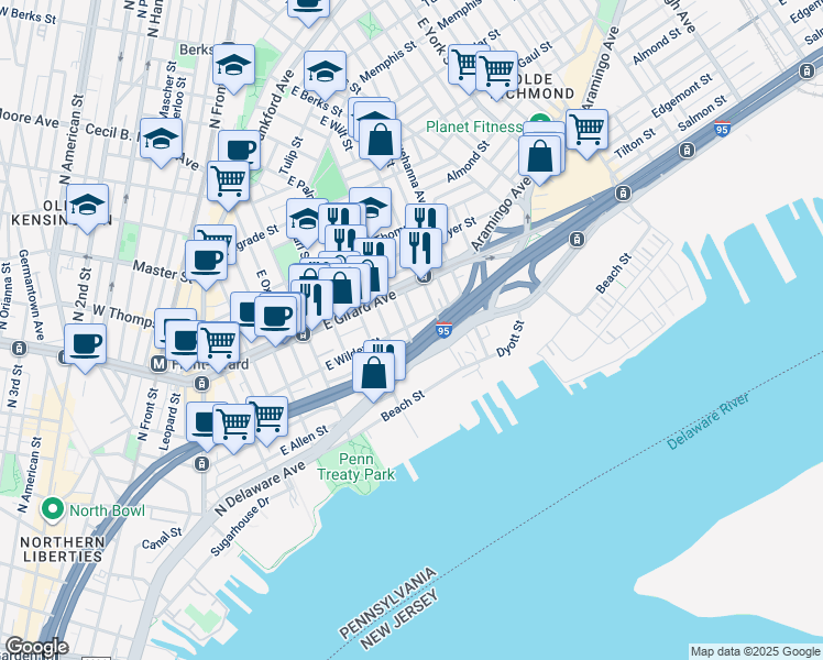 map of restaurants, bars, coffee shops, grocery stores, and more near 1033 East Montgomery Avenue in Philadelphia