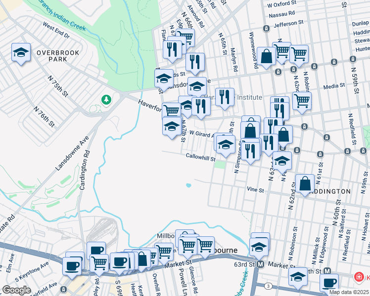 map of restaurants, bars, coffee shops, grocery stores, and more near 411 North 67th Street in Philadelphia