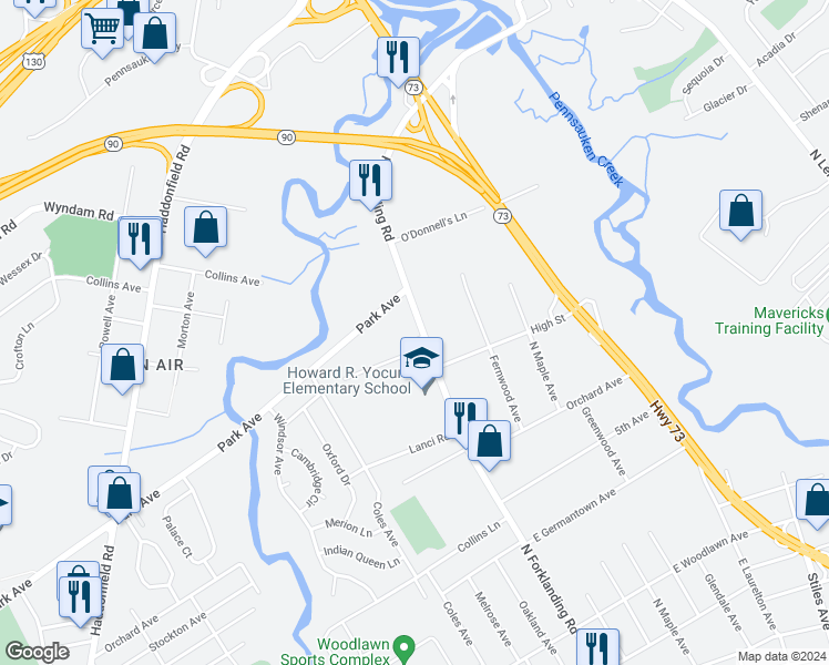 map of restaurants, bars, coffee shops, grocery stores, and more near 832 Forklanding Road in Cinnaminson