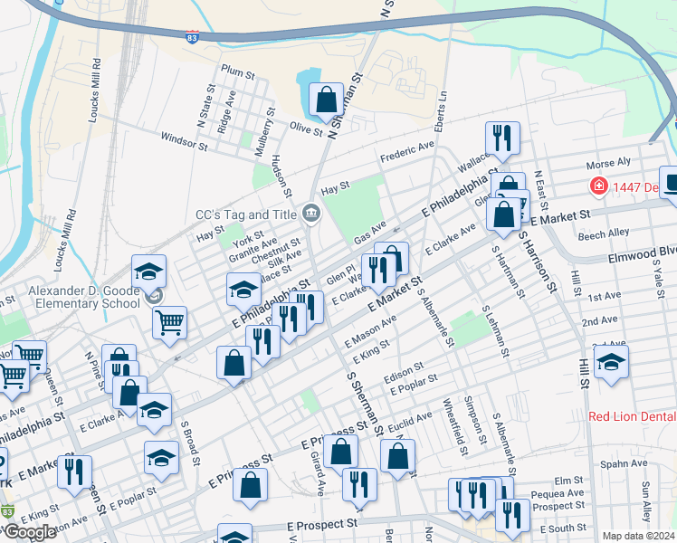 map of restaurants, bars, coffee shops, grocery stores, and more near 830 East Philadelphia Street in York