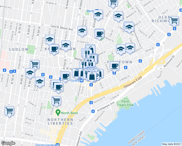 map of restaurants, bars, coffee shops, grocery stores, and more near 3 W Thompson St in Philadelphia