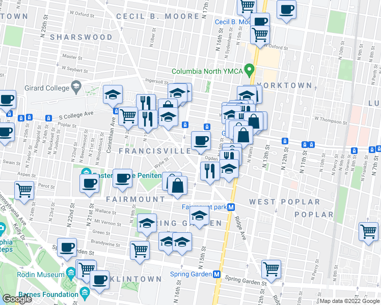map of restaurants, bars, coffee shops, grocery stores, and more near 1625 Ogden Street in Philadelphia