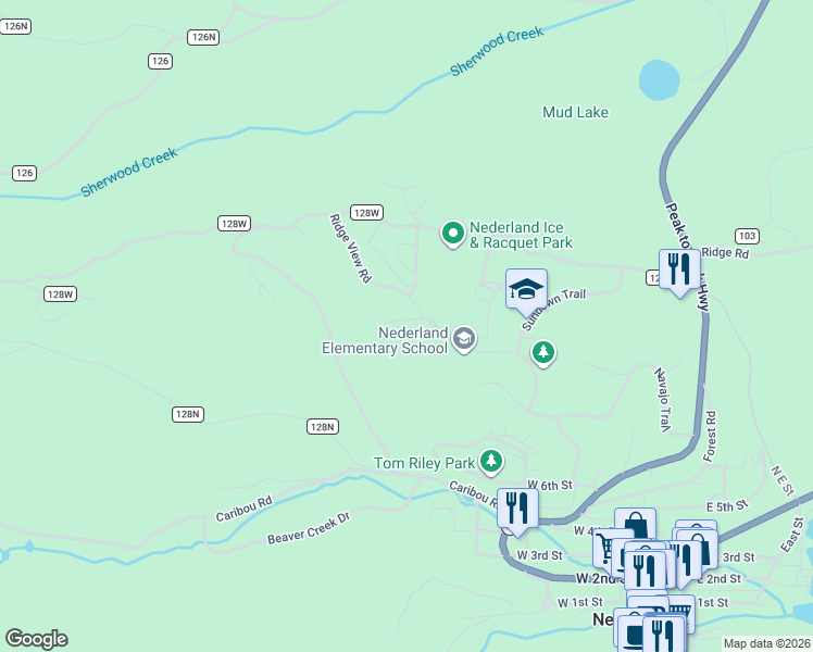 map of restaurants, bars, coffee shops, grocery stores, and more near 3 Ridge Road in Nederland