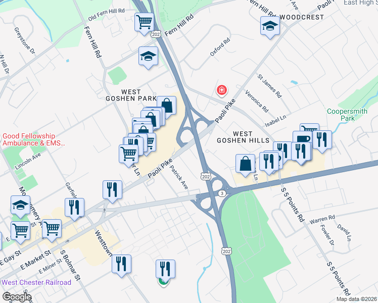 map of restaurants, bars, coffee shops, grocery stores, and more near 936 Paoli Pike in West Chester