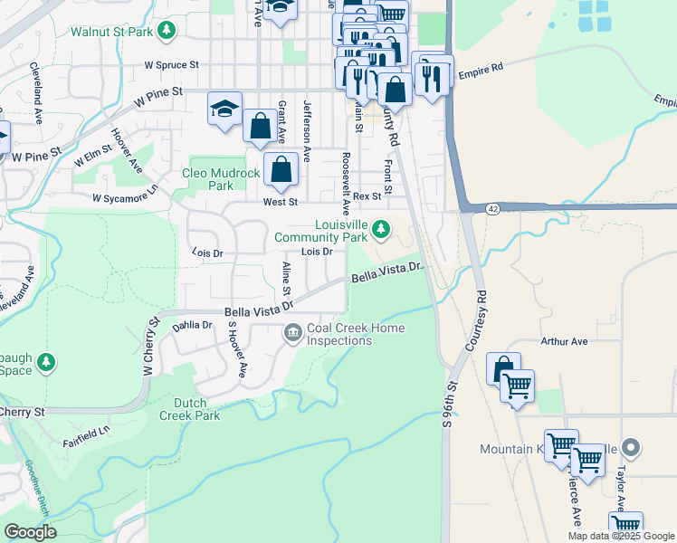 map of restaurants, bars, coffee shops, grocery stores, and more near 111 Bella Vista Drive in Louisville