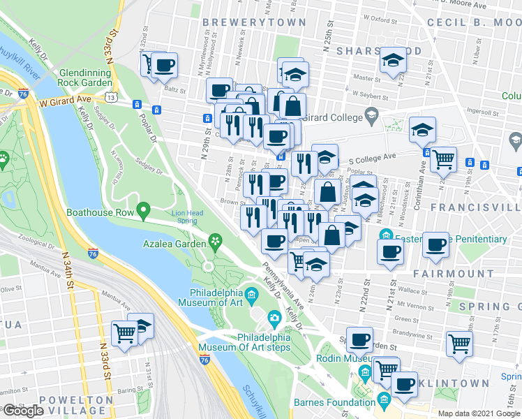 map of restaurants, bars, coffee shops, grocery stores, and more near 2611 Brown Street in Philadelphia