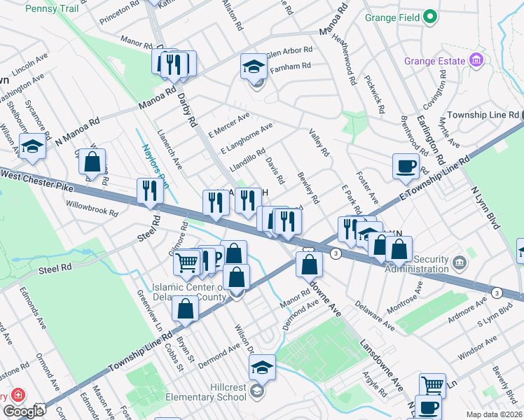 map of restaurants, bars, coffee shops, grocery stores, and more near 2 West Park Road in Havertown