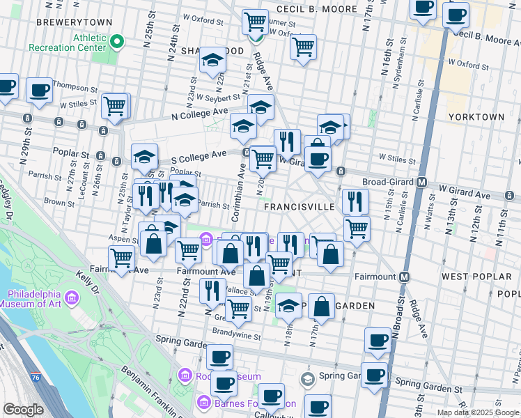 map of restaurants, bars, coffee shops, grocery stores, and more near 848 North 20th Street in Philadelphia