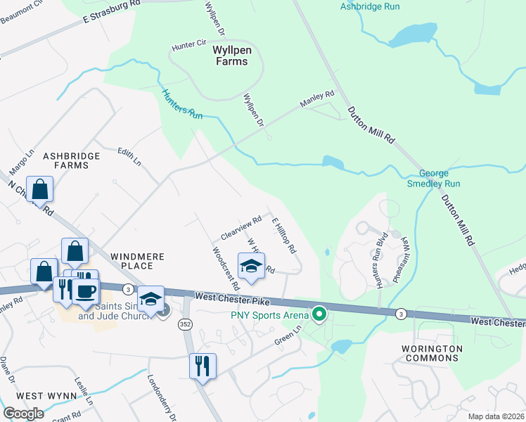 map of restaurants, bars, coffee shops, grocery stores, and more near 200 East Hilltop Road in West Chester