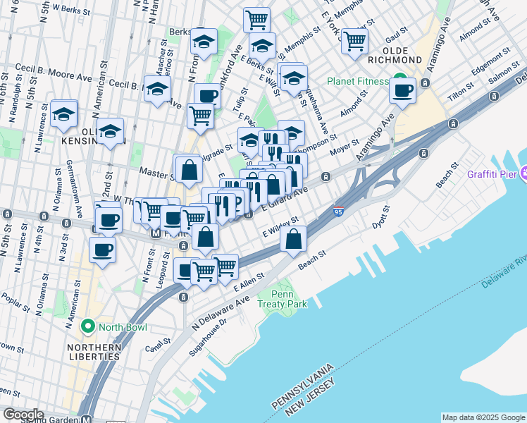 map of restaurants, bars, coffee shops, grocery stores, and more near 424 East Girard Avenue in Philadelphia