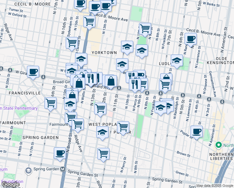map of restaurants, bars, coffee shops, grocery stores, and more near 963 North 11th Street in Philadelphia