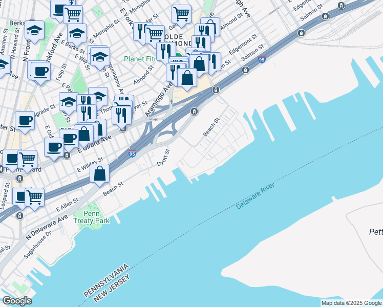 map of restaurants, bars, coffee shops, grocery stores, and more near State Route 3005 in Philadelphia