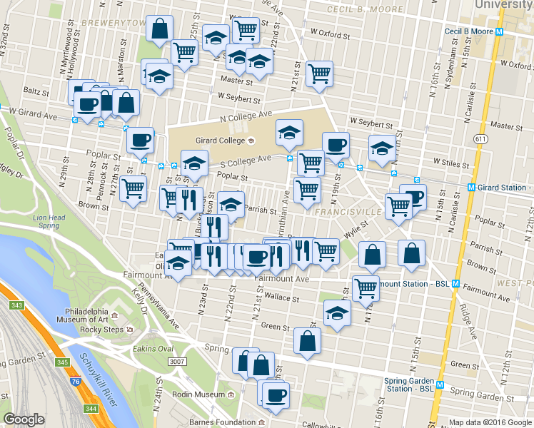 map of restaurants, bars, coffee shops, grocery stores, and more near 836 North Woodstock Street in Philadelphia