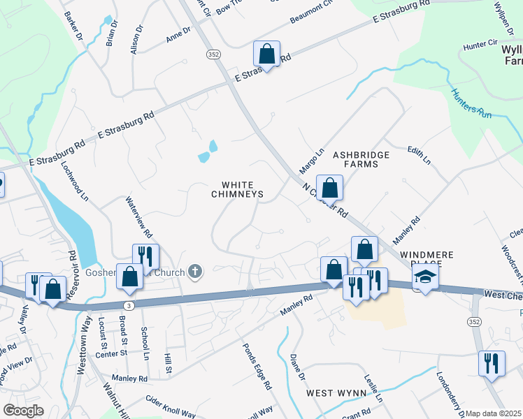 map of restaurants, bars, coffee shops, grocery stores, and more near 1591 White Chimney Road in West Chester