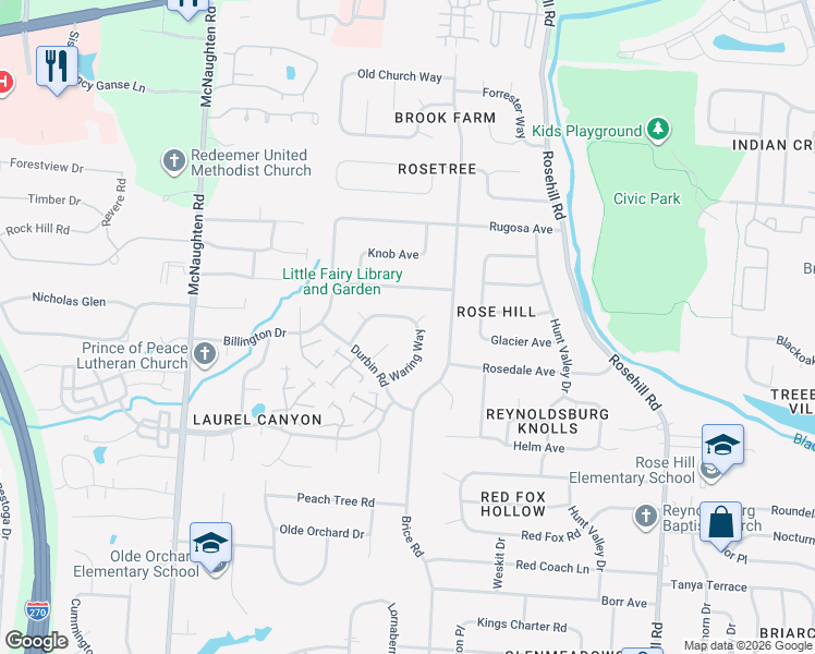 map of restaurants, bars, coffee shops, grocery stores, and more near 6423 Plankton Drive in Columbus