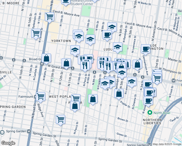 map of restaurants, bars, coffee shops, grocery stores, and more near 818 West Girard Avenue in Philadelphia
