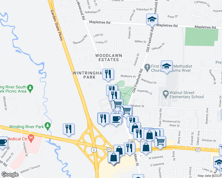 map of restaurants, bars, coffee shops, grocery stores, and more near 998 Lakewood Road in Toms River